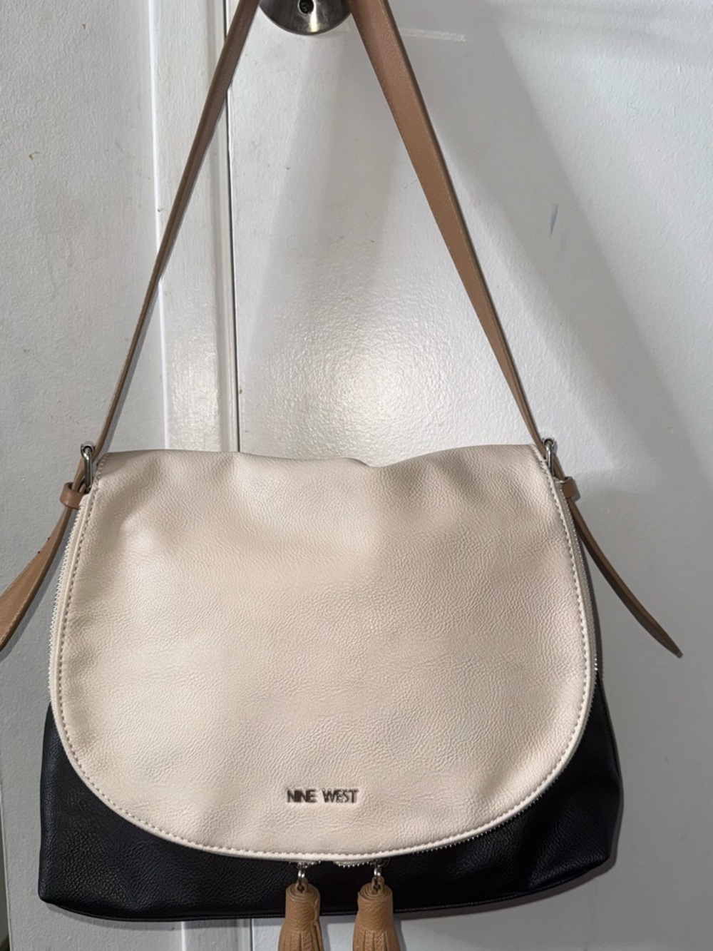 Nine West Cream, Black&Tan Crossbody Shoulder Bag Faux Leather Tassel Flap Purse